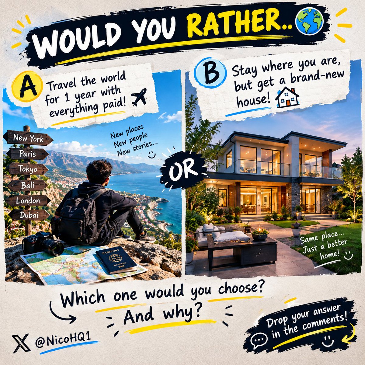 NicoHQ1's tweet photo. 🌍 You get ONE choice…
A) Travel the world for 1 year — everything paid. ✈️
B) Stay where you are — but get your dream house. 🏠
You can’t have both 😂
A or B? And what’s your reason? 👇 https://t.co/DrRziGFtN5