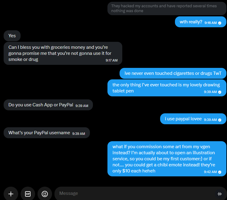 BerryKitsu_'s tweet photo. pls be careful with this person. idk what they’re actually trying to do but they’re genuinely so weird ngl. we literally havent known each other for that long and they suddenly offered to give me money?? i told em why not just comms me instead? after that they jst left me on read https://t.co/K5TrnfP4tb