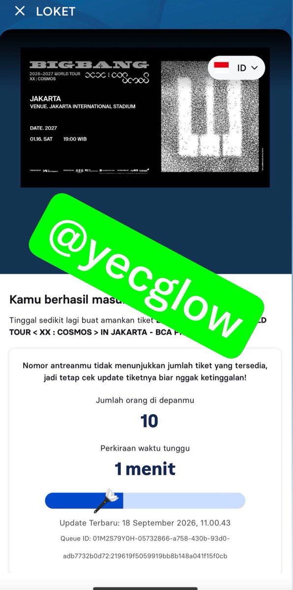 yecglowy's tweet photo. WTS TICKET BIGBANG 2026-2027 WORLD TOUR < XX : COSMOS > IN JAKARTA - BCA PRESALE!

udah masuk nih, ada yang mau nitip atau mau barengan sini boleh dm aku ya. tidak ada biaya tambahan dari aku. buruan dm !!

t.wts wtb tiket bigbang in jkt https://t.co/lJO6iqOCv9