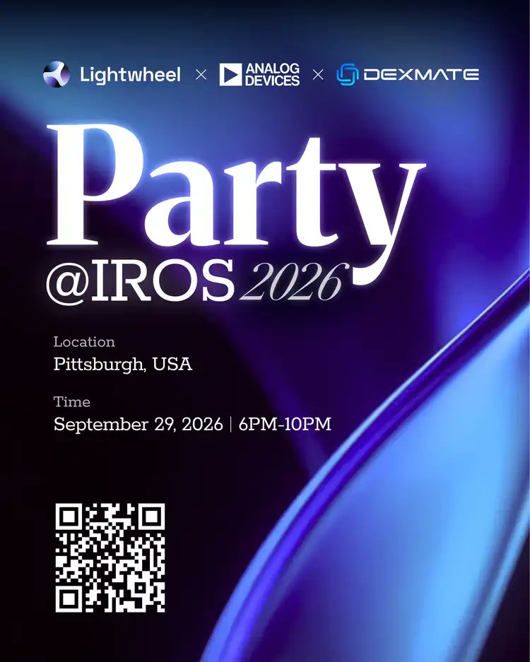 LightwheelAI's tweet photo. The best conversations at IROS never happen in the sessions. They happen later that night, plate in one hand, with the people who make this field worth being in.

@LightwheelAI x @ADI_News x @DexmateAI are co-hosting a party on September 29, 6-10PM, in Pittsburgh. Good food, a proper bar, four hours off the clock.

Bring your hardest sim-to-real question. We'll handle the rest!

#IROS2026 #Robotics #PhysicalAI #Dexmate #AnalogDevices