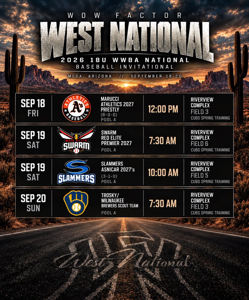 kingstonsinner_'s tweet photo. GAMES START TOMORROW

Wow Factor West National 

Perfect Game Fall WWBA 18U

📍 Mesa, AZ 
Sept. 18-20

Full Schedule below: https://t.co/bUs82UURzd