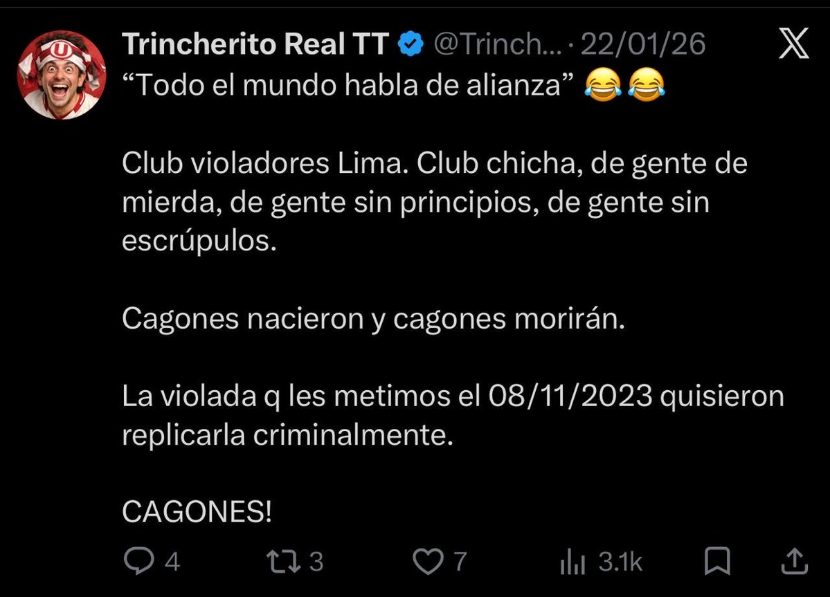 AlexSley7's tweet photo. @TrincheroDNorte Abuso y violación, tiene significado diferente dependiendo la situación? Este tipo está enfermo, sí, pero viendo sus post, está enfermo por Alianza Lima. El 95% de ello es hablar del club íntimo. Mamita… https://t.co/KIMvnxXPOL