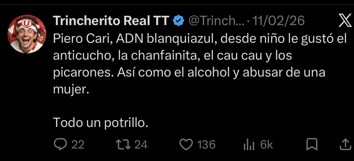 AlexSley7's tweet photo. @TrincheroDNorte Abuso y violación, tiene significado diferente dependiendo la situación? Este tipo está enfermo, sí, pero viendo sus post, está enfermo por Alianza Lima. El 95% de ello es hablar del club íntimo. Mamita… https://t.co/KIMvnxXPOL
