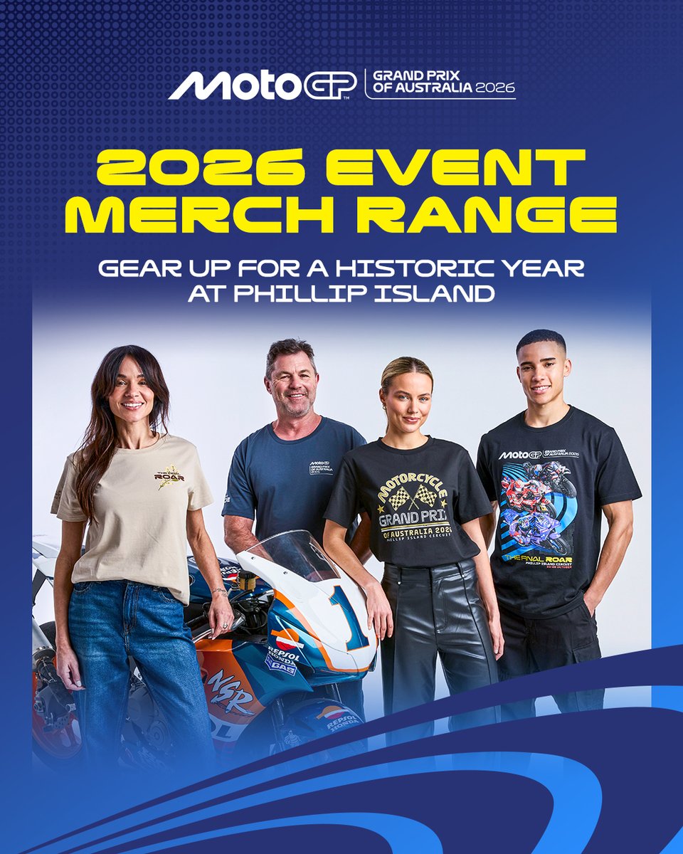 ausmotogp's tweet photo. Our brand new merchandise range is here! 🧢

Get ready for the #AustralianGP by picking up some pieces from the 2026 event range 😍

Available to purchase online or at the Circuit during event days 📲

SHOP: https://t.co/t7AebrpH8b https://t.co/MBmOpviVAB