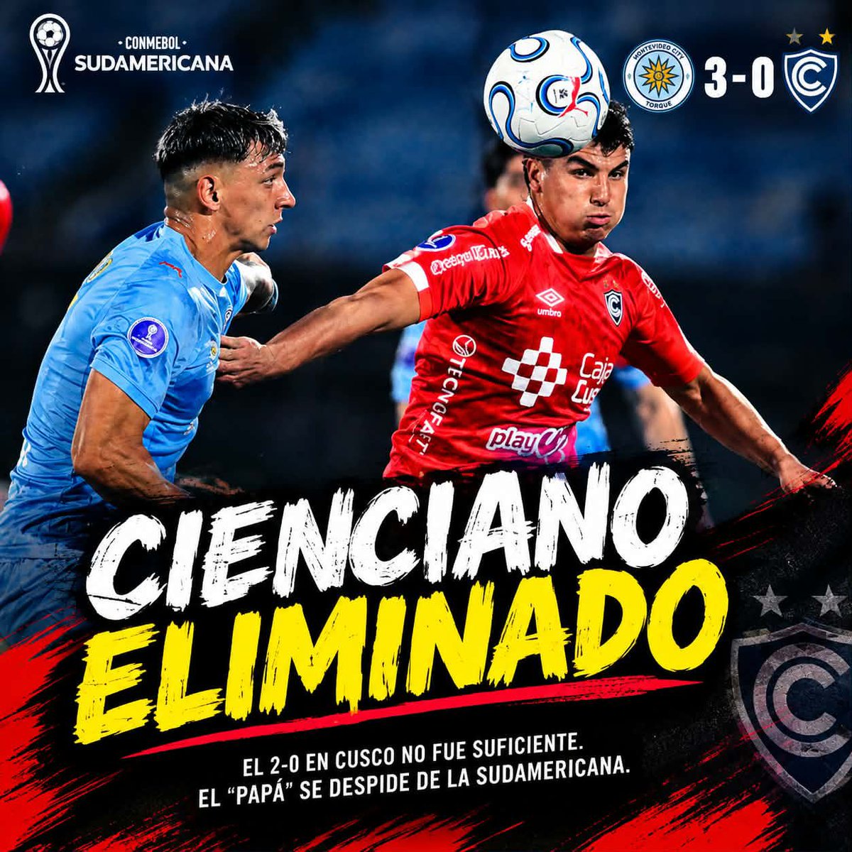 USCPucallpa's tweet photo. 👉 El cuadro cusqueño cayó 3-0 ante Montevideo City Torque y quedó eliminado de los cuartos de final.

Equipo uruguayo remontó el 2-0 y avanzó a semifinales con un 3-2 global.

Del 2-0 en Cusco al 0-3 en Montevideo. Se acabó el sueño internacional del ‘Papá’. https://t.co/Eqk1XYxPpV