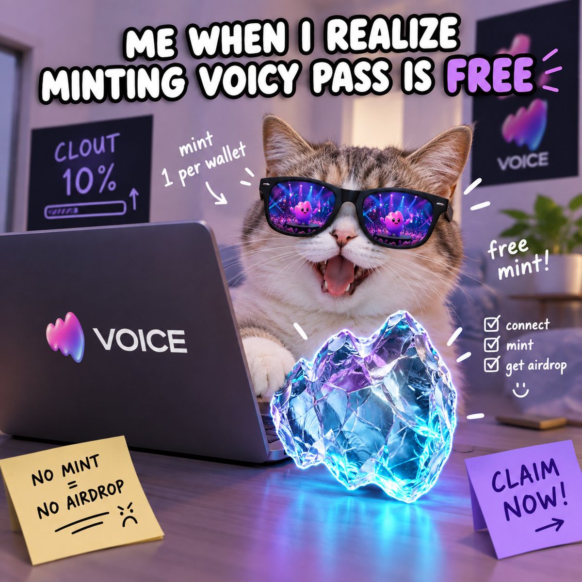 SaadAmmrun's tweet photo. While everyone's arguing about airdrops in the timeline, I'm just here minting my free Voicy Pass. 😹🎟️

#VOICEMEME https://t.co/c4rEPEufxK