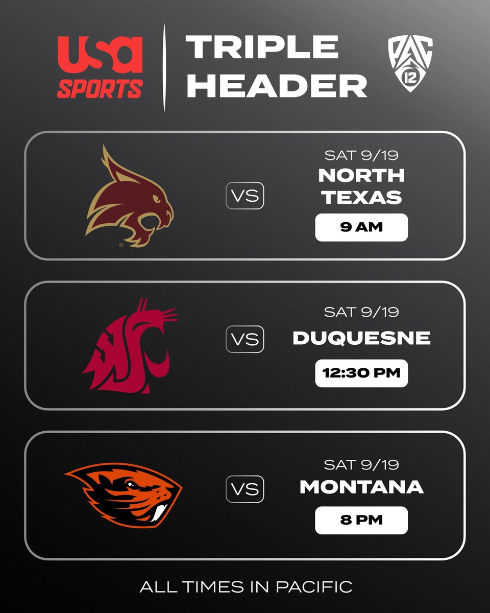 pac12's tweet photo. three Pac-12 games. one channel.

Texas State, Washington State and Oregon State are all part of Saturday's triple header on @USASports 📺 https://t.co/saAvEfcvDA