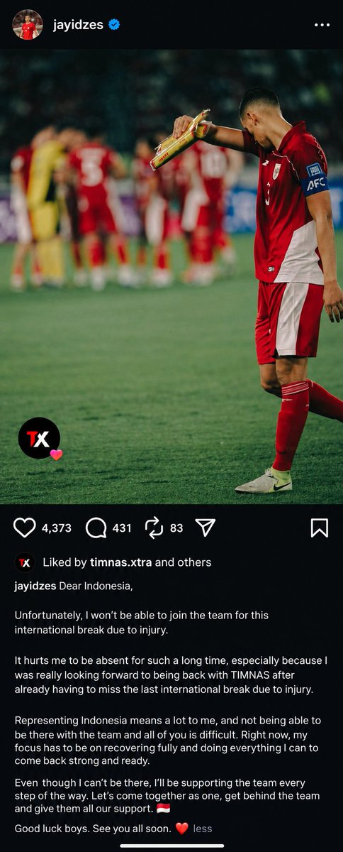 TimnasXtra's tweet photo. 🚨 𝐁𝐑𝐄𝐀𝐊𝐈𝐍𝐆: Jay Idzes confirms he will miss the FIFA ASEAN Cup due to injury. 🇮🇩❌

Get well soon, Capt! https://t.co/6pGLN78ek3