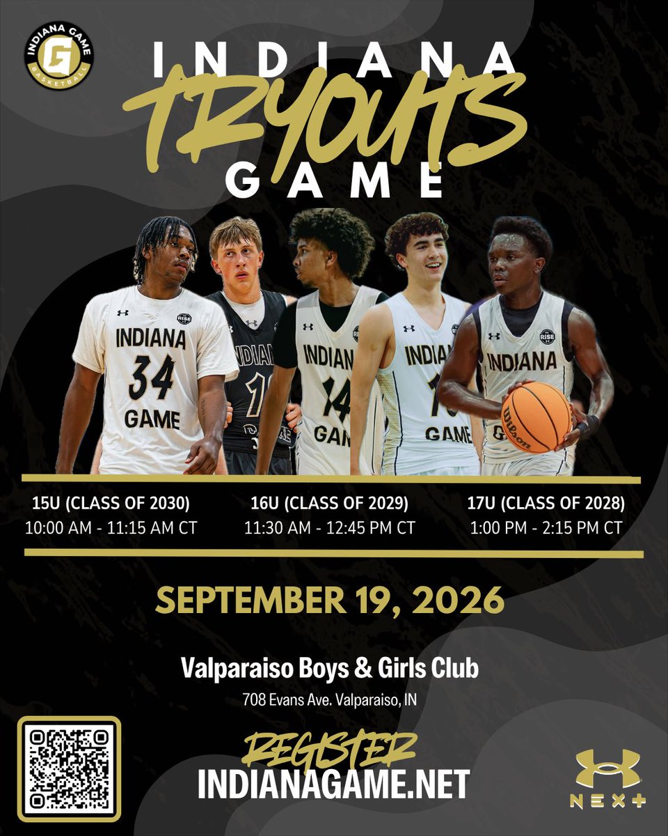 Indianagamehoop's tweet photo. This Saturday!!!

Indiana Game is looking for players for our 2027 rosters on both the @RiseCircuit and our National Teams. 

Join us on September 19th in Valparaiso for our first tryout session. Register at https://t.co/eF4XMVlxEa https://t.co/C5niXTOoSp