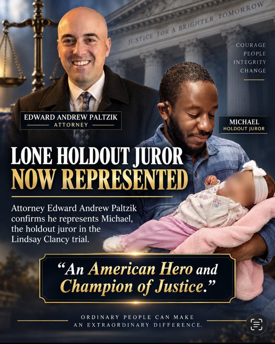 SarahisCensored's tweet photo. Edward Andrew Paltzik has now publicly confirmed that he is representing the lone holdout juror in the Lindsay Clancy trial - the one person who refused to go along with the insanity. 

According to Paltzik, that juror is safe, standing firm, and unbroken despite the vicious public attacks. 

Good. Because that man showed more courage, integrity, and moral clarity than most of the people screaming online ever will. While others bent to pressure, he stood on principle. He listened to the evidence, made his decision, and refused to be bullied into calling evil something it is not. 

Pray for this juror. Protect him. And never forget what they tried to do to a man for simply having the backbone to stand alone.
