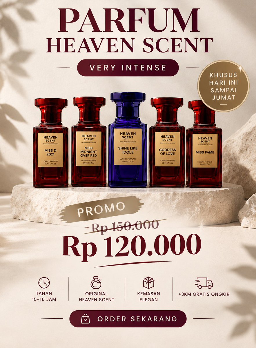 bberrybeaar's tweet photo. WTS — NEW SEALED
All Varian Parfum Heaven Scent Very Intense 50ml (LAGI PROMO CUMA RP 120.000 AJA?! 🤩✨️)

- Aroma elegan &amp; tahan lama up to 15-16h
- 100% Original
- COD (Sidoarjo) ±3km Free Ongkir

🔥Promo Khusus Hari Ini Sampai Jumat!
Dm for order 💗 #zonauang #parfum #wts https://t.co/JAn4Gl0Hwd