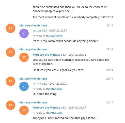 preacher_main's tweet photo. Mercury spazzing and yapping some more because Chai764 got convicted for grooming Slain into stabbing people 

Mercury claims that HE was the one who groomed Slain and is very defensive about this

He also admits to his friendship with Trippy here (rest in piss, Prasan Nepal) https://t.co/zpSZXfKUNx