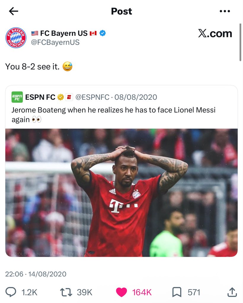 K3N3_X's tweet photo. Remember when Barca’s page ESPN tweeted this and Bayern responded with this😭😭 https://t.co/bcOttphfcA