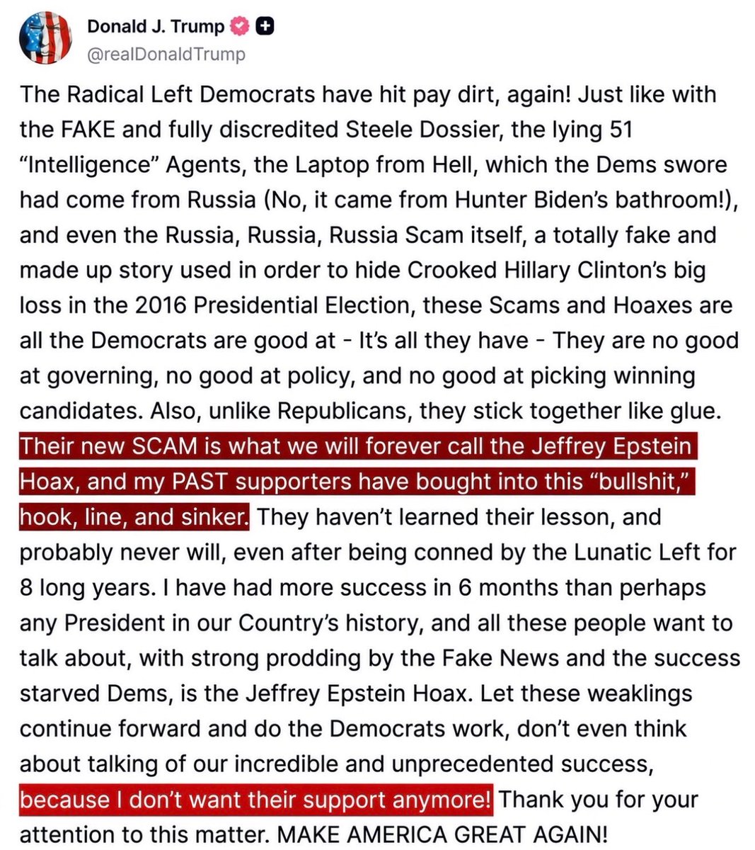 JustTheTweets17's tweet photo. Trump is panicking over these files. Any decent person would see that as suspicious.  He told us he didn’t want our support. Come Election Day we will honor that request. https://t.co/nVRe9Uq46y