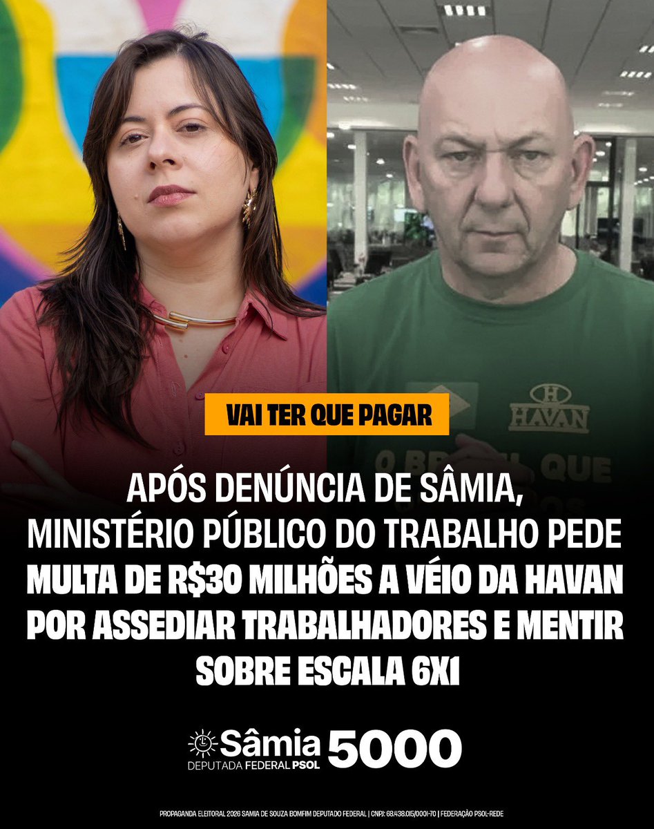 samiabomfim's tweet photo. Será que doendo no bolso finalmente essa gente para de cometer crimes?

Após a denúncia que fiz contra Luciano Hang, o Véio da Havan, o Ministério Público do Trabalho pediu multa de R$30 milhões por assédio eleitoral contra trabalhadores da empresa. Ele reuniu funcionários para espalhar mentiras e terror sobre o fim da escala 6x1.

O fim da escala 6x1 significa mais tempo para viver, descansar e estar com a família. E o desespero de empresários e bolsonaristas só mostra que estamos começando a desmontar a superexploração que os trabalhadores brasileiros estão submetidos.
