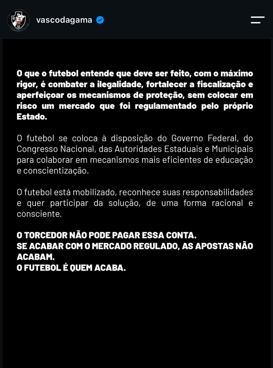 newscolina's tweet photo. O Vasco endossou a campanha dos clubes brasileiros contra o fim do mercado de apostas.

A campanha dá ênfase aos investimentos das “bets” nos clubes e faz um alerta direto: o fim do mercado significaria o “fim do futebol brasileiro”.

O que vocês acham disso? 🤔 https://t.co/idQ8yvGn43