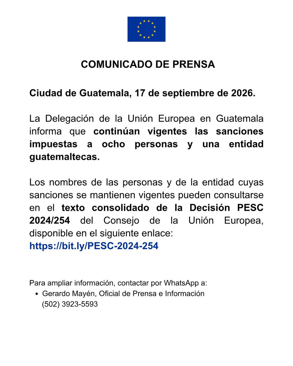 DiegoEspana_'s tweet photo. La Delegación de la Unión Europea en Guatemala informó que las sanciones contra ocho personas —entre ellos el juez Fredy Orellana— y una entidad guatemalteca continúan vigentes.

La lista con sanciones en vigor se encuentra disponible aquí ➡️ https://t.co/UWtqOb6jFn https://t.co/XZr5kFTVEd