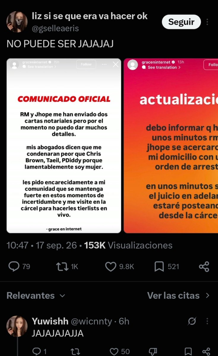 ArmyndreA's tweet photo. Yo quisiera decir muchas cosas sobre ese muchacha, como también de lo que pienso que hagan comentarios en tono de burla involucrando nombres de personajes así como los del segundo párrafo, pero queda clarísimo que esa valentía viene precisamente de que los kpopers le demuestran apoyo a todas las pendejadas que dice, siendo ya una persona adulta con diferentes audiencias (en decadencia).

Pero lo peor que ustedes pueden hacer es seguir prestandole cuidado a gente así, porque precisamente por eso lo hacen, va uno a mirar lo que escuchan, lo que apoyan y tienen muchísimas cosas cuestionables que no abordan porque los cuestionamientos siempre son unilaterales y eso para mí ciertamente contradice profundamente las intenciones de estas personas. El odio hacia ellos en esta comunidad está muy normalizado y más allá de denunciar debidamente, reportar directamente a Hybe, no deberíamos darles tanto poder 

Aquí se quejan mucho de estas cosas, pero tampoco nos organizamos debidamente para tumbar, denunciar y cuestionar de l misma manera a estas personas. Eso sí, agrego que claramente aquí esta señora está implicando algo entre chiste y todo, pero no se les debe olvidar que cualquier cosa que involucre el nombre de ellos está sujeta a revisión legal de verdad.

No les sigan dando ese poder de "es que logran tal cosa contra ellos" porque no es así, no están ni alentando nada hacia el tema serio en si, ni tampoco alimentando un espacio sano y conversacional, solo están usando a los kpopers para ganar público y todos esos likes son de ellos y ya.