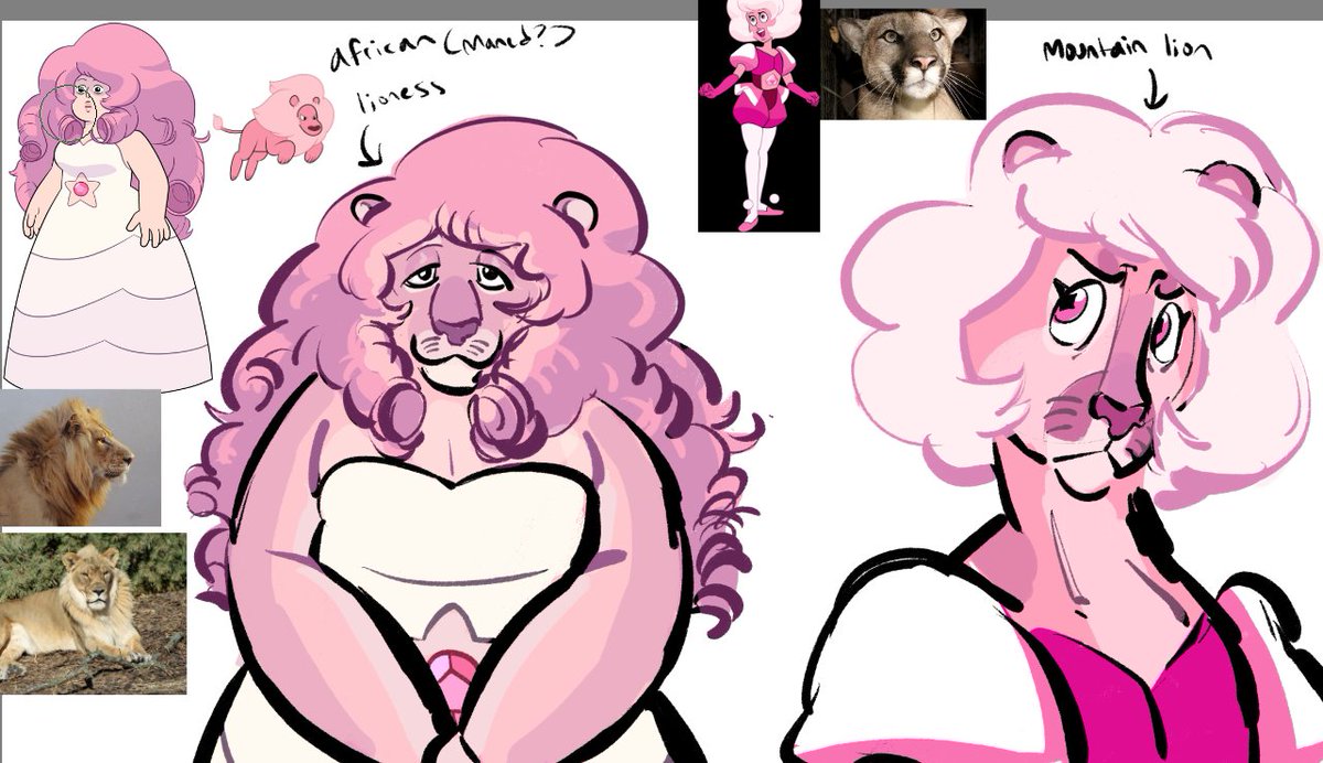 MILEZPERPROWER's tweet photo. the diamonds, rose, and spinel. 
i made rose an african lion and pink a mountain lion so pink is set apart from her african/asiastic "big" cat family but is connected right back to them as rose, even if thats not what she wanted. 
(1/2) 
#stevenuniverse https://t.co/ZwFBuWlA7s