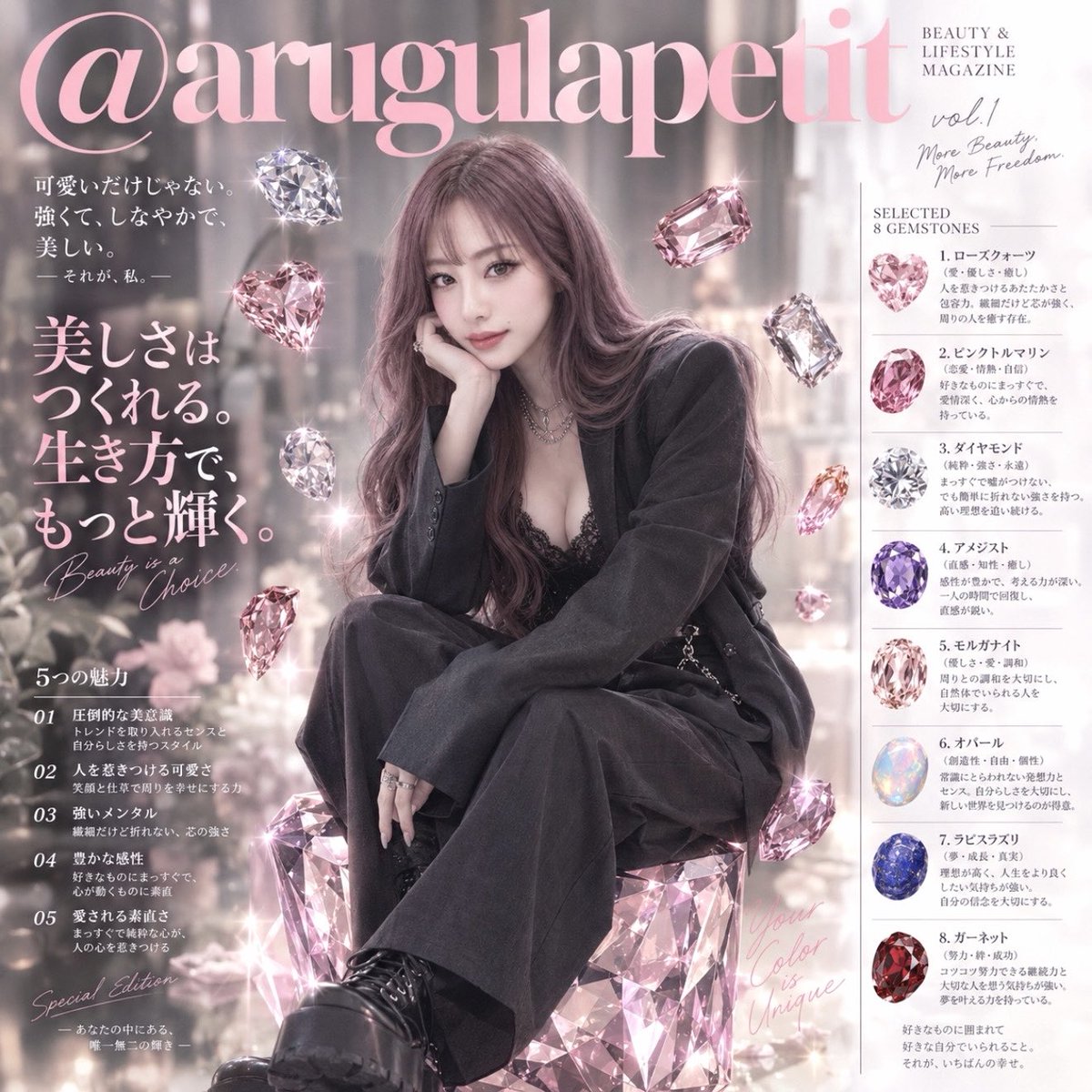 arugulapetit's tweet photo. #あなたを彩る宝石診断やってみた💎
※プロンプトはリプ欄に貼っておきます↓↓↓
性格や長所にあった宝石が選ばれます💍
雑誌の表紙風なので試しにやってみてね📖
ＸのIDを入れる所があるからそこだけ忘れないで下さい🩷❤️🧡💛💚🩵💙💜
見に行くので是非リプして下さい✍️
使用して下さった方一言下さると喜びます🥰