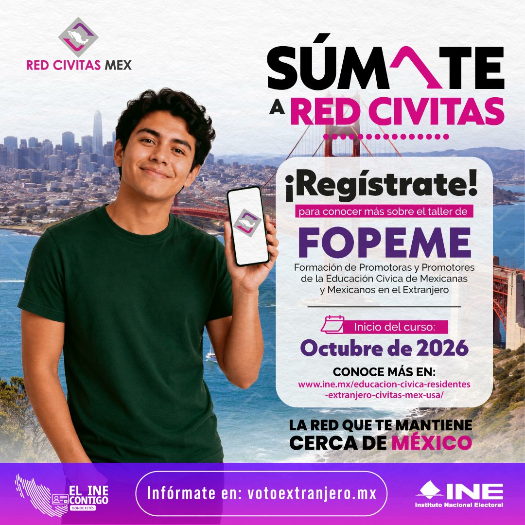 INEMexico's tweet photo. 🖥️📱Sin importar dónde estés, siempre puedes contribuir al fortalecimiento de la democracia.

Únete a Red Civitas y regístrate para conocer más sobre FOPEME, un taller diseñado para promover la educación cívica entre las comunidades mexicanas residentes en el extranjero. 📅 

Inicio: octubre de 2026. Conoce más y regístrate en 🔗 https://t.co/YDVKm4uvCj 

Porque estar lejos de México no significa estar lejos de la participación. 

#RedCivitasMex #FOPEME #ENCÍVICA2024_2026 #ComunidadMexicana #INE