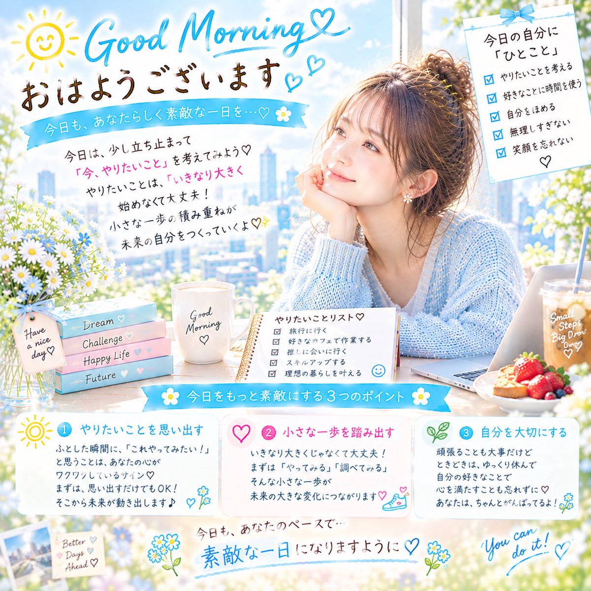 dbs_future's tweet photo. おはようございます☀️🩵

今日「やりたいこと」を
ひとつだけ決めてみよう😊✨

大きな目標じゃなくてOK♡
小さな一歩を積み重ねることが、
未来につながっていく🌿

今日も自分のペースで🌸
素敵な一日を過ごしましょう✨

#おはよう #小さな一歩 #自分らしく #前向き #朝活 https://t.co/qxy2UlnxmI
