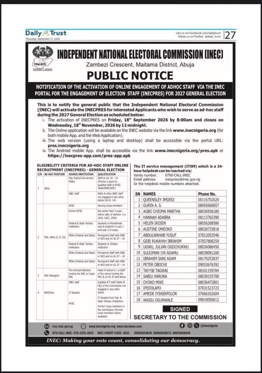 MSIngawa's tweet photo. INEC ELECTION AD-HOC STAFF JOB ALERT

2027 General Election – Ad-Hoc Staff Recruitment via INECPRES

The Independent National Electoral Commission (INEC) is expected to open the INECPRES portal for interested applicants who wish to serve as Ad-Hoc Election Staff.

• Portal Opens: Friday, 18th September 2026 – 8:00 AM
• Portal Closes: Wednesday, 18th November 2026 – 12:00 Midnight

Available Positions & Eligibility:

• SPOs – Supervisory Presiding Officers
• Federal Public/Civil Servants on GL 10–14
• INEC RAOs
• Serving Corps Members
• Former Corps Members (2024–2026)
• Tertiary Students

• POs, APOs I, II & III
• MDA Staff with OND/NCE, GL 04–14
• Tertiary Students

• RAC Managers
• Heads of Schools hosting RACs on GL 07 and above
• INEC ICT Staff

• RATECHs
• IT Students
• Former Corps Members in INEC

• Location: Nationwide – All States

▶️ Apply: https://t.co/WK6Q5vdQ8O