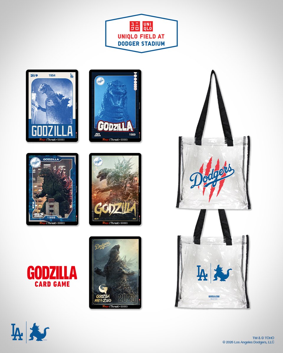 Godzilla_Toho's tweet photo. Get ready and gear up! ⚾ 

We're giving away exclusive Godzilla Dodgers bags and Godzilla Card Game Limited Rage cards on the nights leading up to Godzilla Minus Zero Night at UNIQLO Field at Dodger Stadium. On 9/18, look for our tent on the Field Level. https://t.co/AxV822iPuL