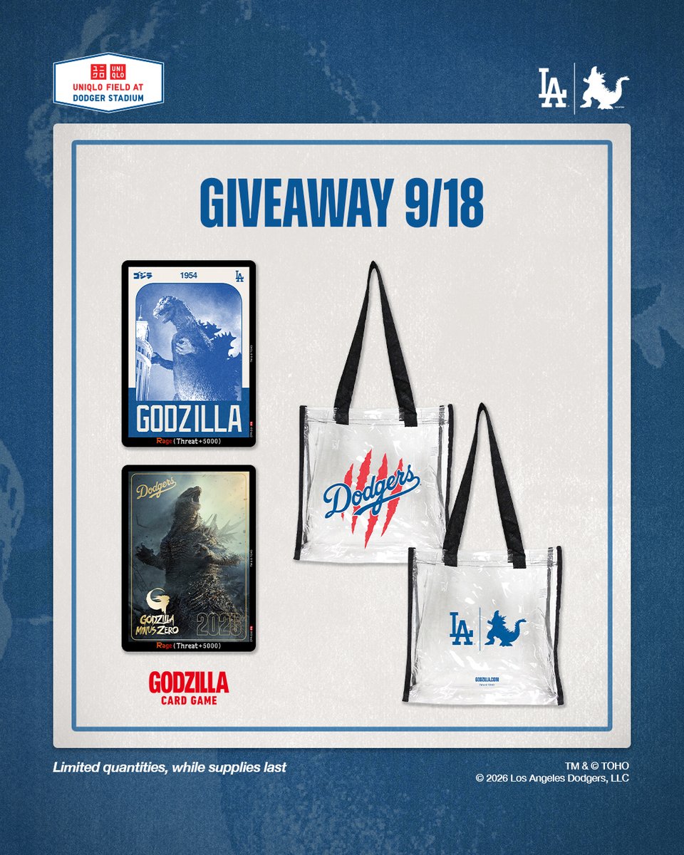 Godzilla_Toho's tweet photo. Get ready and gear up! ⚾ 

We're giving away exclusive Godzilla Dodgers bags and Godzilla Card Game Limited Rage cards on the nights leading up to Godzilla Minus Zero Night at UNIQLO Field at Dodger Stadium. On 9/18, look for our tent on the Field Level. https://t.co/AxV822iPuL