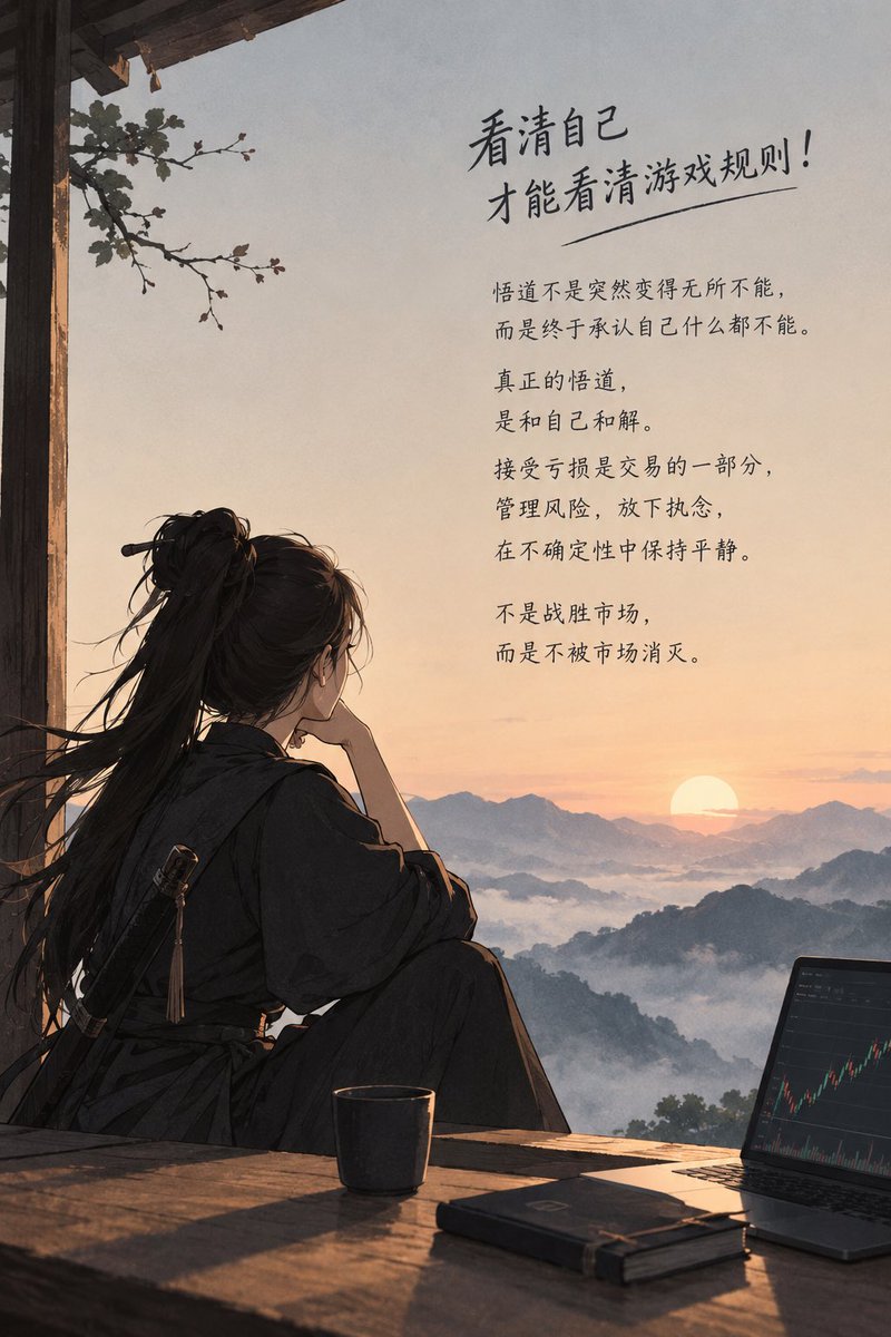 Rose88DW's tweet photo. 你曾以为，悟道是某个瞬间的顿悟，看懂K线，看透市场，从此稳定盈利。

后来你才明白，真正的悟道，不是变得无所不能，而是接受自己的局限。

接受亏损，接受犯错，接受市场的不确定性。不再执着于预测未来，而是学会管理风险；不再想着战胜市场，而是先让自己不被市场消灭。

交易到最后，看的不是K线，而是自己。

看清贪婪、恐惧、侥幸与傲慢，也学会与自己、与市场、与不确定性相处。

看清自己，才能看清游戏规则。