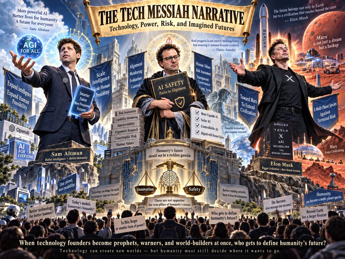andywan's tweet photo. Techno-messianic narrative  ：Sam Altman、Dario Amodei   Elon Musk https://t.co/5DER6601VE