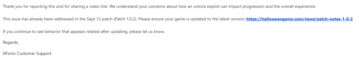 PinkieFemboy's tweet photo. @HalloweenTVG We love the communication!! I really hope you guys fix the unlock all glitch though because I received a reply clarifying it was fixed, but it wasn't. https://t.co/FexUCXC4MC