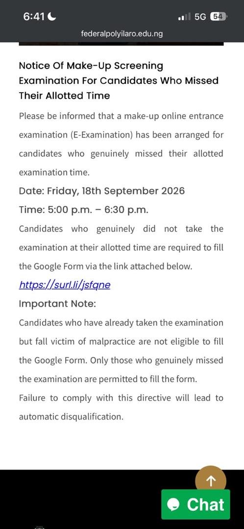 ASamuel15768's tweet photo. 🚨 FPI ILARO HND CANDIDATES — IMPORTANT NOTICE

Candidates who genuinely missed their allotted HND Screening Examination time are hereby informed that a Make-Up Online Entrance Examination has been scheduled.

📅 Date: Friday, 18th September 2026
⏰ Time: 5:00 PM – 6:30 PM

📝 Eligible candidates are required to fill the Google Form provided by the institution to participate.

⚠️ IMPORTANT: This is strictly for candidates who missed their allotted examination time. Candidates who already took the examination but were involved in malpractice are NOT eligible.

❗ Failure to comply with the directive may lead to automatic disqualification.

FPI ILARO HND CANDIDATES, PLEASE TAKE NOTE.