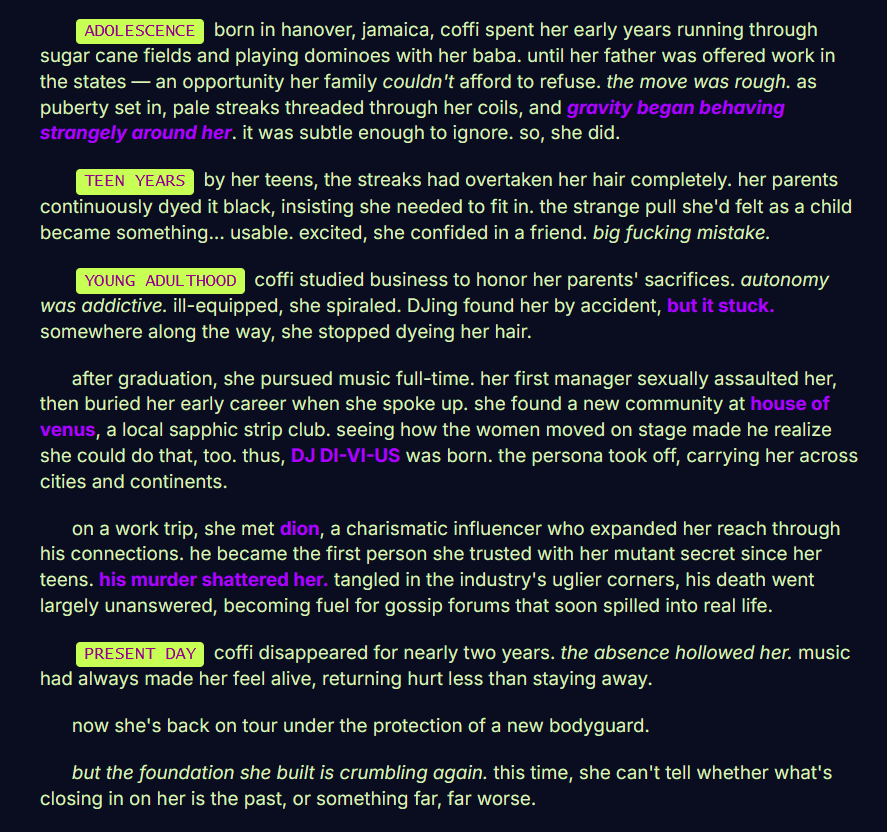 DJDIVIUS's tweet photo. her backstory.

tl;dr: she's a a dj. a mutant that never uses her powers. had a fiance who she loved more than anything before he lost his life. 

[ originally from: https://t.co/3VaVjXLq3y ] https://t.co/dL4W90t1XM