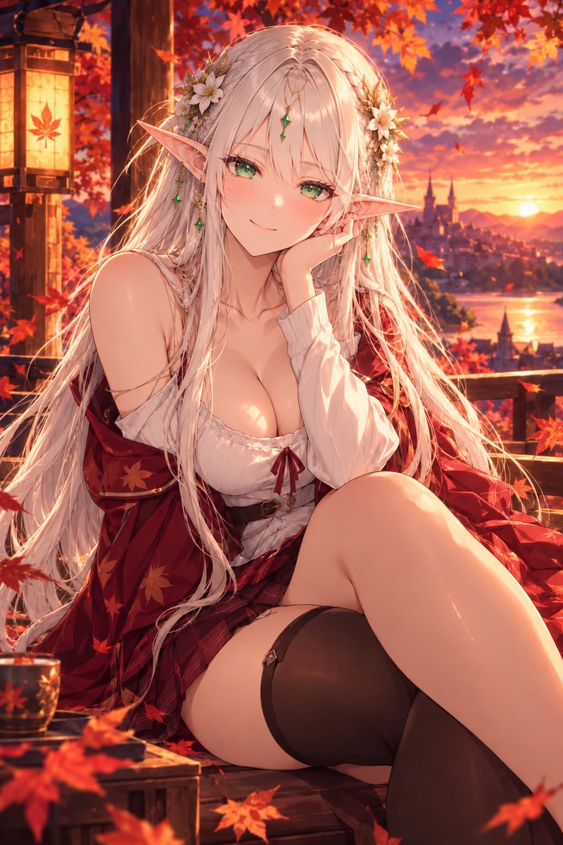 aylinwvex's tweet photo. Una tarde cálida de otoño contemplando el atardecer en el reino... 🍁 sunset 🌅 ¿Te sentarías a tomar un té a mi lado? ☕✨A warm autumn afternoon watching the sunset in the kingdom... 🍁🌅 Would you sit down to have some tea by my side? ☕✨#AIArt #AnimeArt #Waifu #Elf #AutumnVibes #AnimeGirl #FantasyArt #GamerArt
