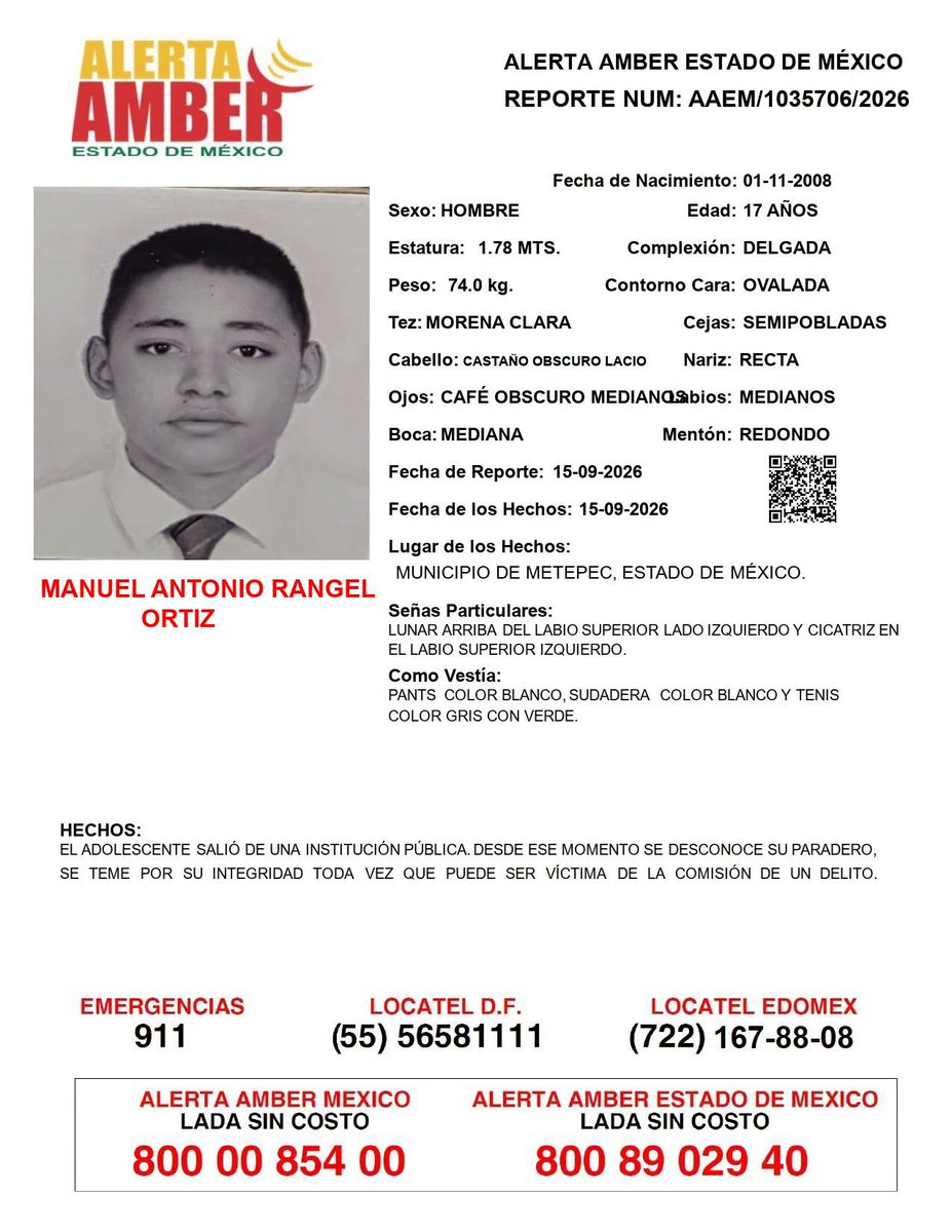 FiscaliaEdomex's tweet photo. 📍Tu apoyo es importante, ayúdanos a difundir, cualquier información para localizar a la siguiente persona comunícate al 📷800 890 2940 Alerta Amber EDOMEX y 📷#FiscalíaEdoméx. https://t.co/mYqd8f6J5D
