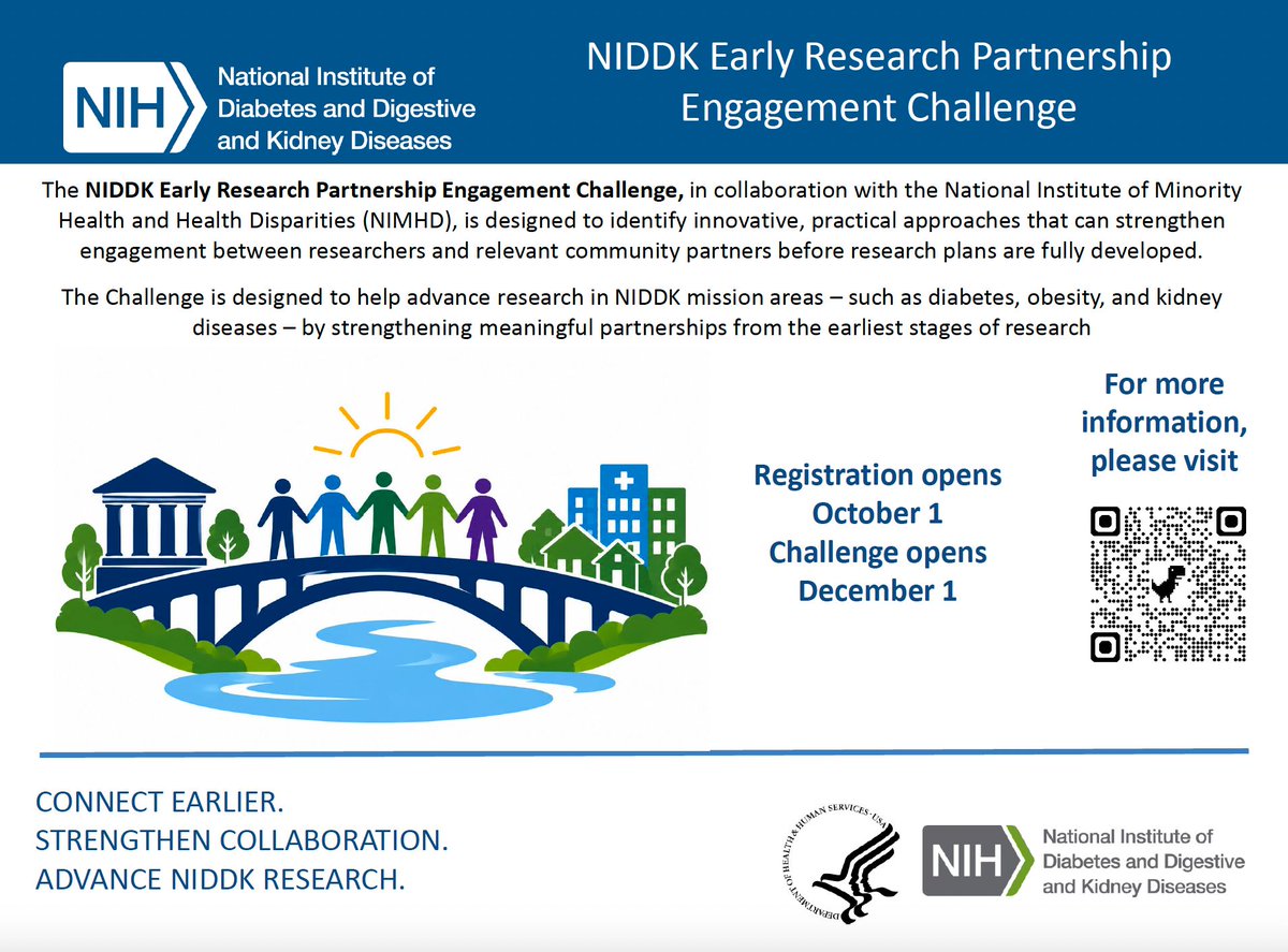 dkNET_Info's tweet photo. Join the #NIDDK Early Research Partnership Engagement #Challenge! The Challenge seeks innovative strategies for early community engagement and academic-community partnerships in #diabetes, #kidney, #digestive, and other NIDDK mission areas. More info.: https://t.co/veRh358Coo https://t.co/YlZiarBGrM