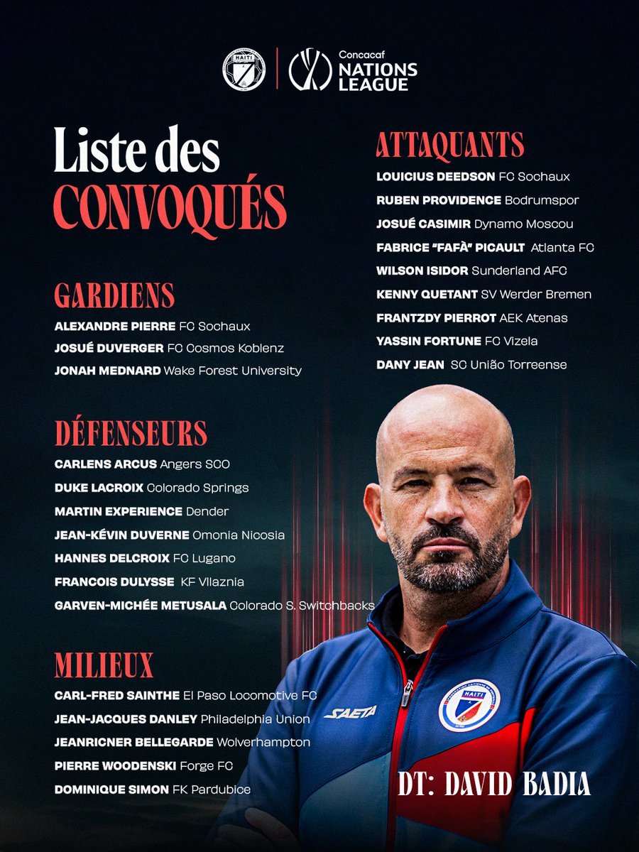 fhfhaiti's tweet photo. Men lis Grenadye yo pou Ligue des Nations Concacaf la. Chak solda pare pou pote koulè ble e wouj la sou teren an epi bay tout sa li kapab pou seleksyon an. Premye randevou a fikse pou 24 septanm, kote Ayiti ap rankontre Trinidad &amp; Tobago nan Sabina Park, Jamayik. Grenadye Alaso! https://t.co/bIPkqoAjWj
