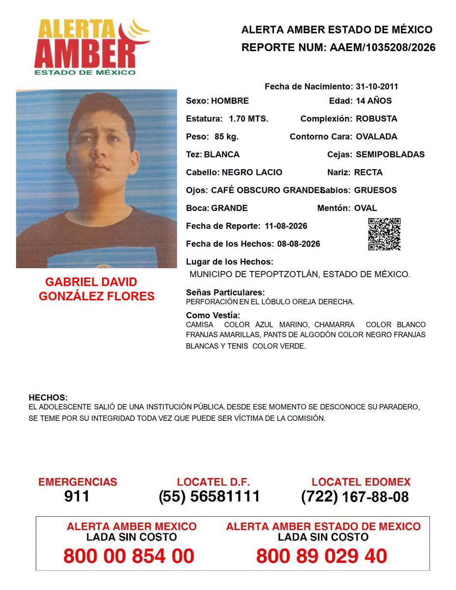 FiscaliaEdomex's tweet photo. 📍Tu apoyo es importante, ayúdanos a difundir, cualquier información para localizar a la siguiente persona comunícate al 📷800 890 2940 Alerta Amber EDOMEX y 📷#FiscalíaEdoméx. https://t.co/UooASE7aIg