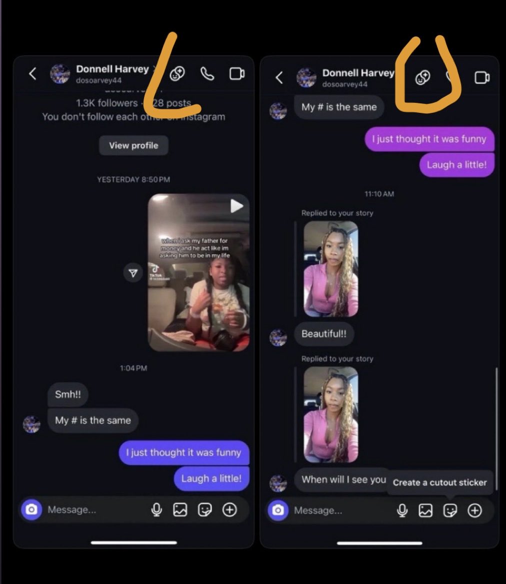 OGracella25528's tweet photo. @Loveurselff1 Check the difference yourself love, you can’t create clearly see the edit. And also the real donnel Harvey photo has  “create a cutout stick” pointing to the image, this girl clearly edited it😅 she does have a step sister, no biggies https://t.co/r4F8Qk4wkk