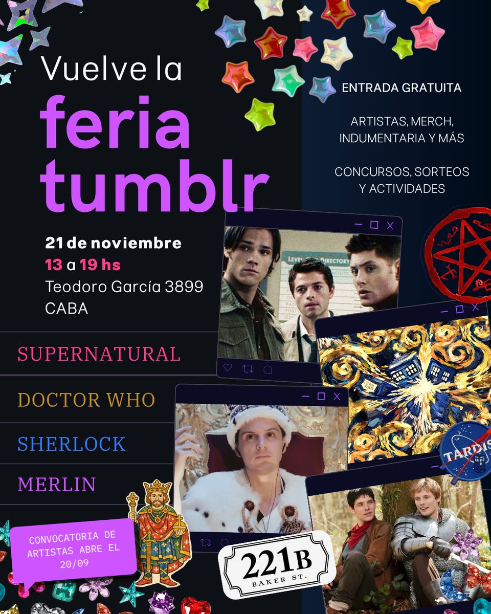 hihereami's tweet photo. VOLVIMOS!!!!

LA FERIA TUMBLR: EDICIÓN SUPERWHOLOCK + MERLIN es el sábado 21 de noviembre en Teodoro Garcia 3899 de 13hs a 19hs. 

Estamos preparando MUCHAS sorpresas pero escuchamos todas las sugerencias que tengan 👀👀👀 https://t.co/5u3cRtx5QI