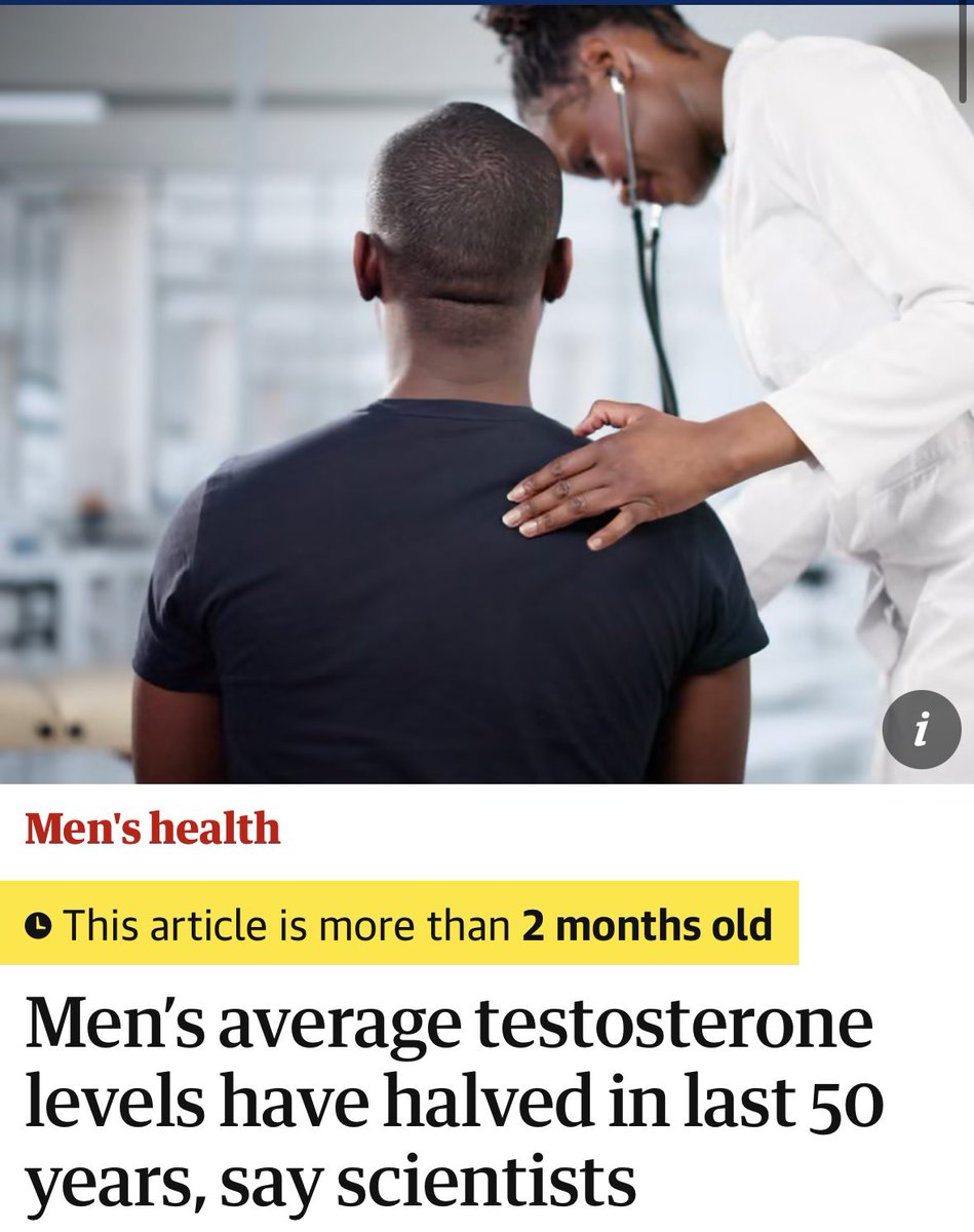 JamesMelville's tweet photo. Men’s average testosterone levels have halved over the past 50 years, according to scientists.
Total testosterone levels in men declined by 54% between 1972 and 2019. https://t.co/gprY8IeTqh