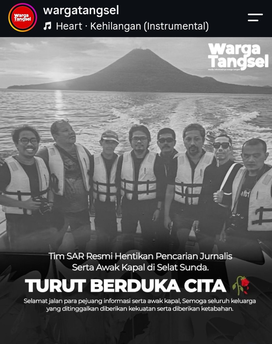 ArgentianaA's tweet photo. Innalillahi wainna ilaihi rojiun 🙏🥀
Operasi pencarian terhadap kapal Arupadhatu I yang membawa 5 jurnalis, 2 ABK, dan 1 pemandu di perairan Selat Sunda resmi dihentikan setelah memasuki hari ke-10, (17/9/2026).

Tim SAR gabungan memutuskan penghentian ini karena tidak ditemukannya tanda-tanda keberadaan para korban maupun bangkai kapal yang hilang saat perjalanan meliput aktivitas Gunung Anak Krakatau tersebut.