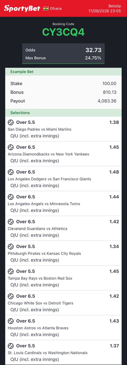 donkayodds360's tweet photo. Solid 37+ baseball ⚾️ 

C0de 🧑‍💻 CY3CQ4

How much can you stake let me help with staking power 🔥🔥 https://t.co/GIxnE7HS8Z
