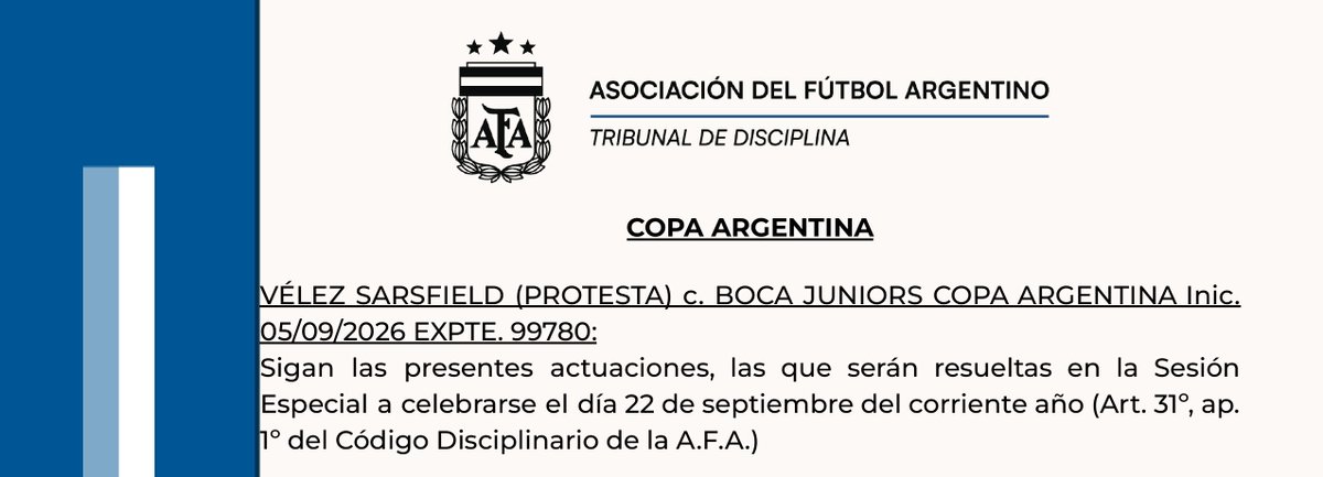 FutbolFichajes's tweet photo. 🚨 El Tribunal de Disciplina de la AFA 🇦🇷 decidió no oficializar la clasificación de Boca Juniors 🇦🇷 a cuartos de final de la Copa Argentina 🇦🇷.

A través del Boletín #6948, informaron que el fallo recién será comunicado el próximo martes 22 de septiembre, es decir a cinco días del partido v. Racing Club 🇦🇷.

El circo continúa, ¿alguien cree que pueden descalificar a un club tan cerca de la fecha? Se deben vender entradas, pasajes y más.

La resolución es la que les dije ayer, no se entiende para qué siguen estirando el tema. La AFA 🇦🇷 volvió a darle la espalda a Vélez Sarsfield 🇦🇷, como ocurrió en 2015.