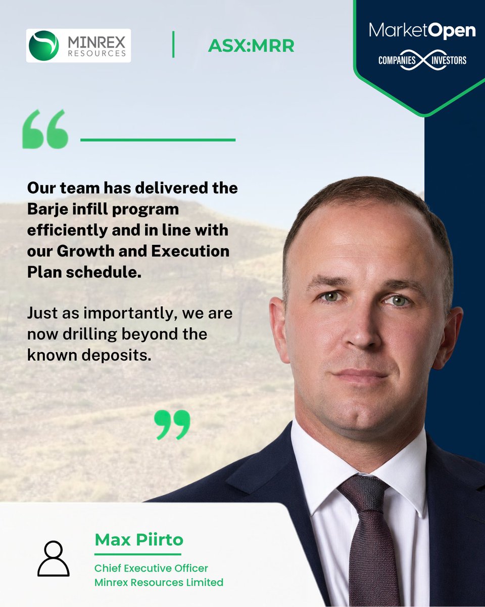 MarketOpenAUS's tweet photo. $MRR Minrex Resources Chief Executive Officer Max Piirto comments on maiden greenfield drilling at Tlamino and the completed Barje infill drilling program.

@MinrexResources 

#ASX #MRR #Gold https://t.co/IkkDX2R1SN