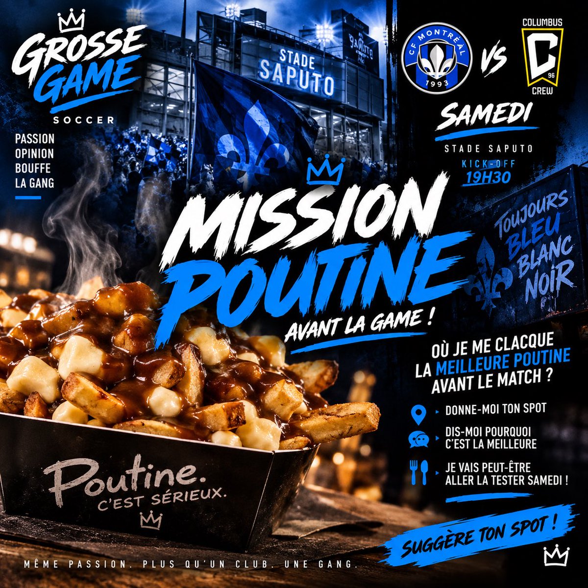 GrosseGameMedia's tweet photo. SAMEDI, JE VAIS AU MATCH. 🏟️

Mais avant la game, y’a une mission.

🍟 LA POUTINE.

Je veux votre meilleur spot.
Pas la plus connue.
Pas celle avec le plus de likes.

LA meilleure.

Donnez-moi votre place. Je vais peut-être aller la tester samedi. 👀

Grosse Game, c’est aussi ça. https://t.co/I5d46bVwcI