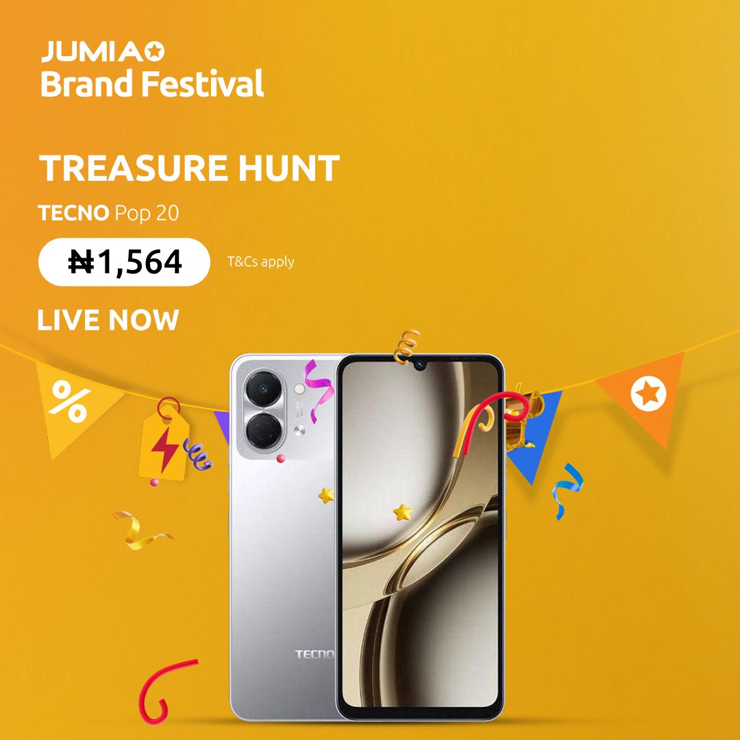 JumiaNigeria's tweet photo. TREASURE HUNT IS LIVE! Grab the TECNO Pop 20 for an unbelievable N1,564!
Hurry now to the Jumia app to participate in the Jumia Brand Festival Treasure Hunt.
#JumiaNigeria #BetaPrice https://t.co/xbxkqrmmPp