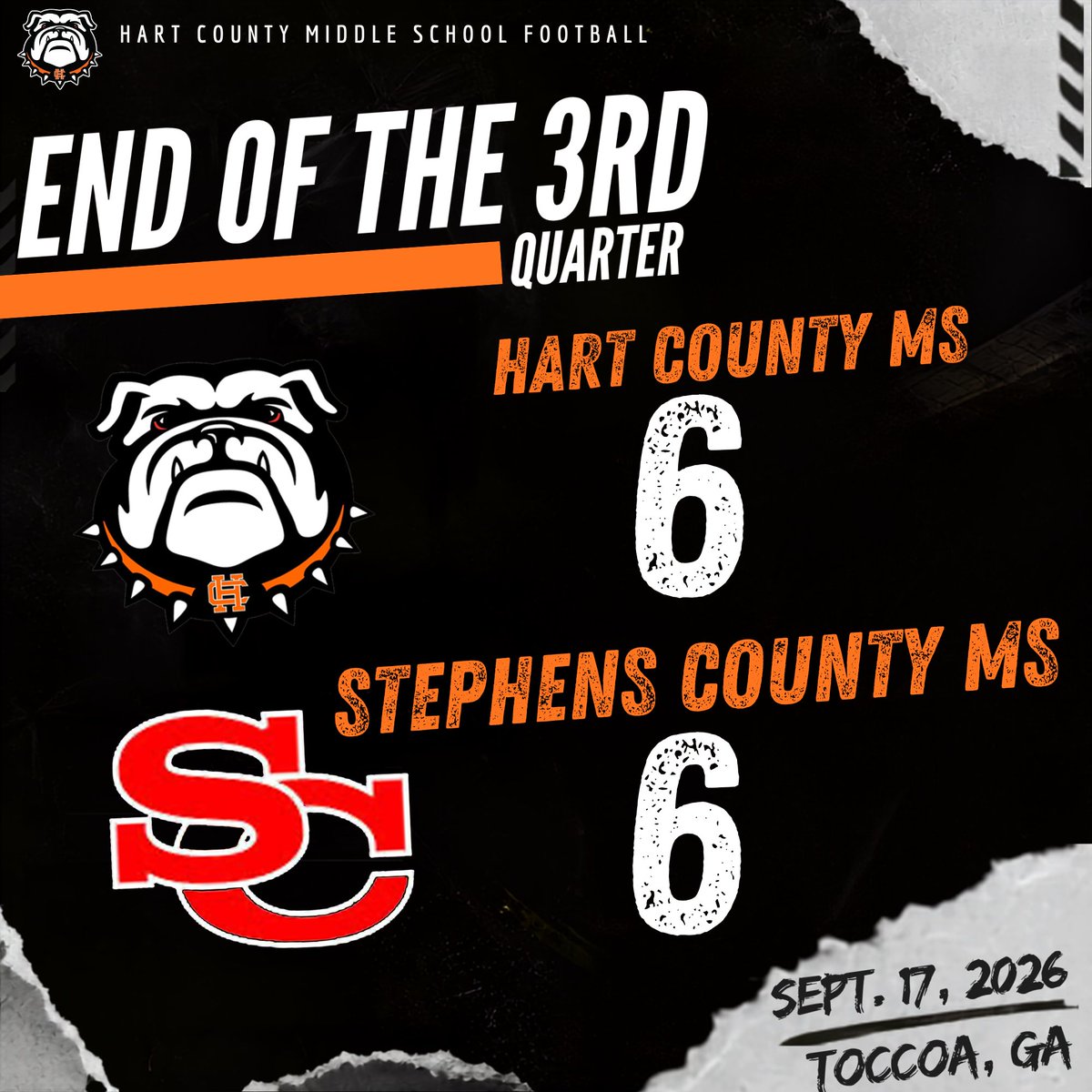hartcountyfb's tweet photo. End of the 3rd Quarter at the Reservation:
Hart County MS - 6, Stephens Co. MS - 6
#OneHartBeat https://t.co/D4lMLBNuy1