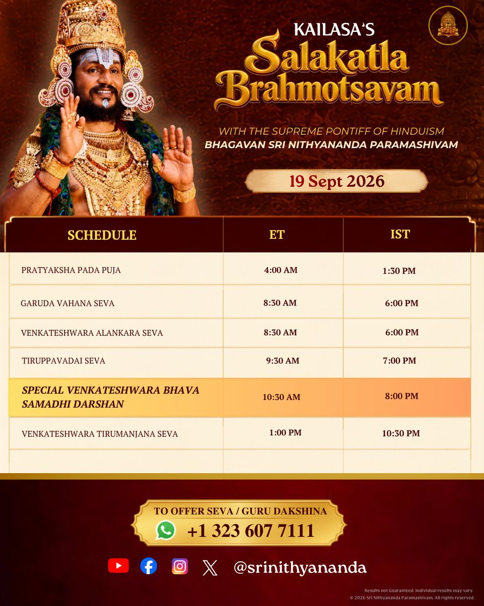 SriNithyananda's tweet photo. 🌸 KAILASA’s Salakatla Venkateshwara Brahmotsavam 2026 🌸

Salakatla Brahmotsavam is the sacred nine-day annual festival of Bhagavan Sri Venkateshwara, celebrated in the ancient Vaikhanasa Agamic tradition across KAILASA’s Temples Around the World.

It is a living celebration of Parandhama’s cosmic presence and boundless grace flowing to humanity.

Join us for KAILASA’s Salakatla Brahmotsavam with THE SUPREME PONTIFF OF HINDUISM, BHAGAVAN SRI NITHYANANDA PARAMASHIVAM! ✨

🌸 Date: September 19–20, 2026

Offer your devotion, make your sacred offerings, and invoke the divine blessings of Bhagavan Sri Venkateshwara.

📲 To Offer Seva / Guru Dakshina:
WhatsApp: +1 323 607 7111

👉 Follow: @srinithyananda

#SalakatlaBrahmotsavam #Nithyananda #SrinivasaKalyanotsavam #Hinduism #DivineBlessings